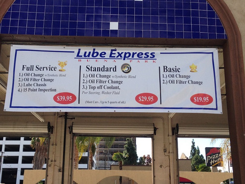 Oil change menu signs for auto shops in Orange County